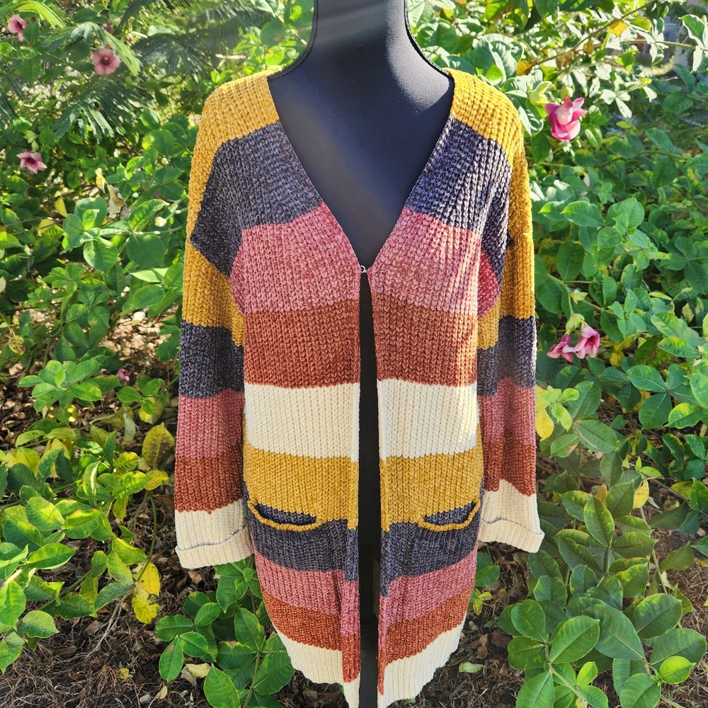 Zoey Striped Knit Single Button Sweater With Pockets Womens M